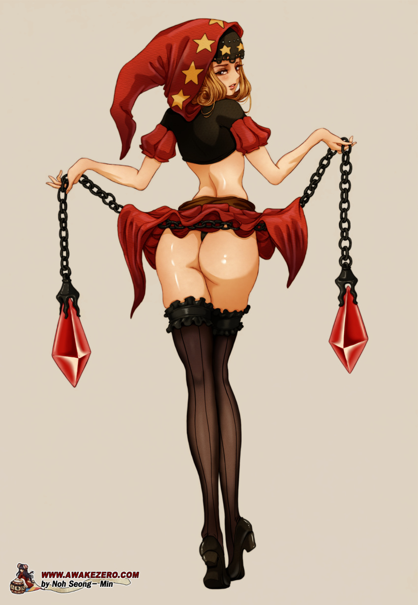 1girl artist_name ass bare_arms black_eyes black_footwear black_legwear black_panties brown_hair chain expressionless from_behind full_body gem grey_background highres holding holding_chain hood looking_at_viewer looking_back noh_seong-min odin_sphere panties parted_lips shiny shiny_skin shoes short_hair solo standing star_(symbol) thighhighs underwear velvet_(odin_sphere) watermark web_address
