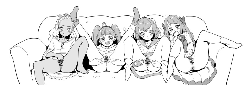4girls :d ahoge amamiya_erena antennae anus ass blouse blush bottomless bow censored clitoris closed_mouth couch covering_mouth dark_skin dark_skinned_female dress dress_lift embarrassed female_pubic_hair greyscale hagoromo_lala hair_bow hair_ornament hairband half-closed_eyes happy heart heart_hair_ornament highres hoshina_hikaru kaguya_madoka knee_up light_smile long_hair long_sleeves looking_at_viewer mole mole_under_eye monochrome multicolored_hair multiple_girls open_mouth pointless_censoring precure presenting pubic_hair pussy pussy_juice round_teeth sailor_collar short_hair short_sleeves side_braids simple_background sitting sketch smile socks spread_legs spread_pussy star_twinkle_precure streaked_hair teeth twintails ukokkei upper_teeth urethra wavy_mouth white_background