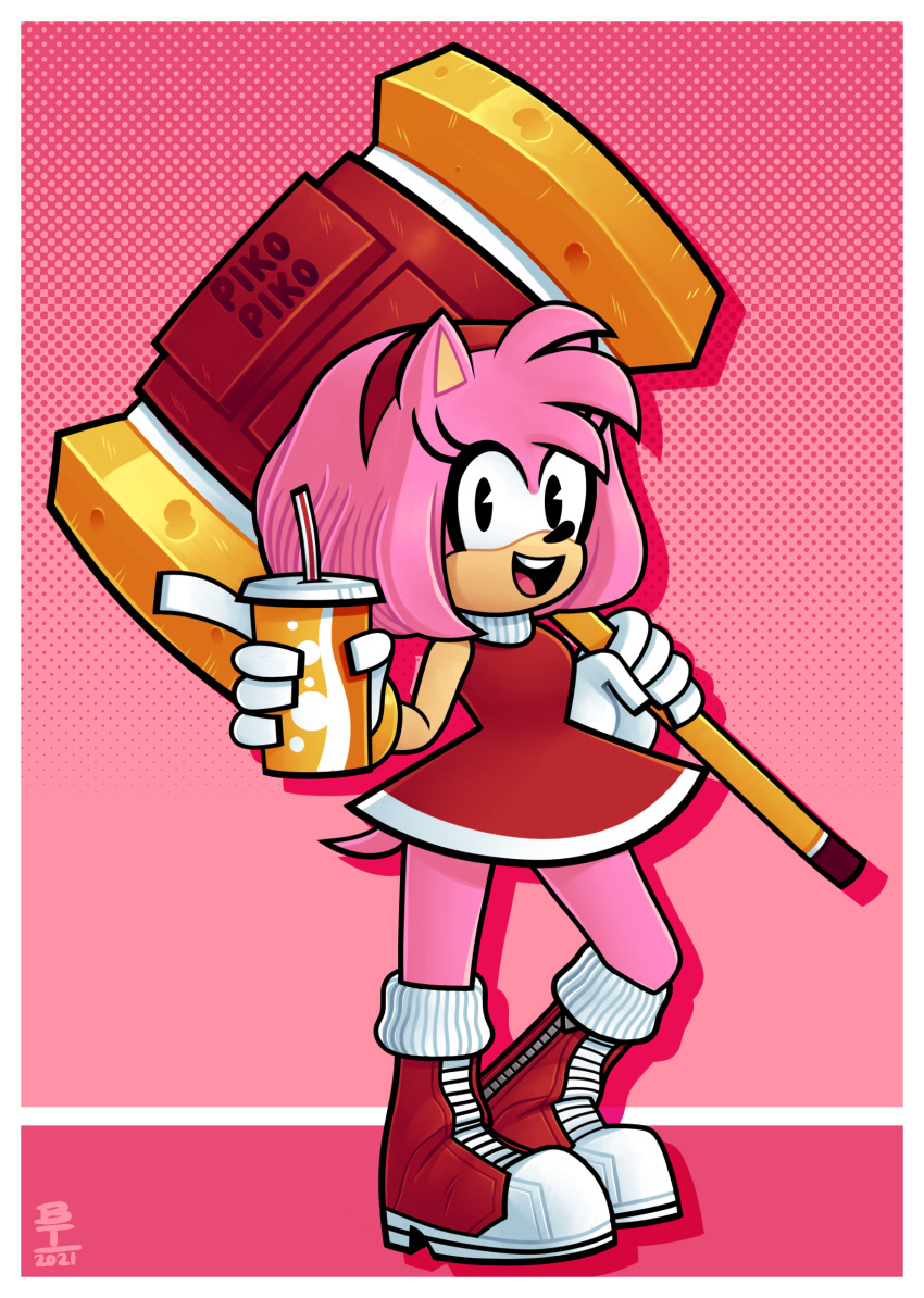 2021 absurd_res amy_rose anthro beverage biped black_eyes boots border clothing cup digital_media_(artwork) dress eulipotyphlan female footwear fur gloves halftone hammer handwear hedgehog hi_res holding_beverage holding_object holding_weapon mammal melee_weapon open_mouth open_smile piko_piko_hammer pink_background pink_body pink_fur red_boots red_clothing red_footwear simple_background smile solo sonic_the_hedgehog_(series) standing straw teeth tongue tools wazzaldorp weapon white_border white_clothing white_gloves