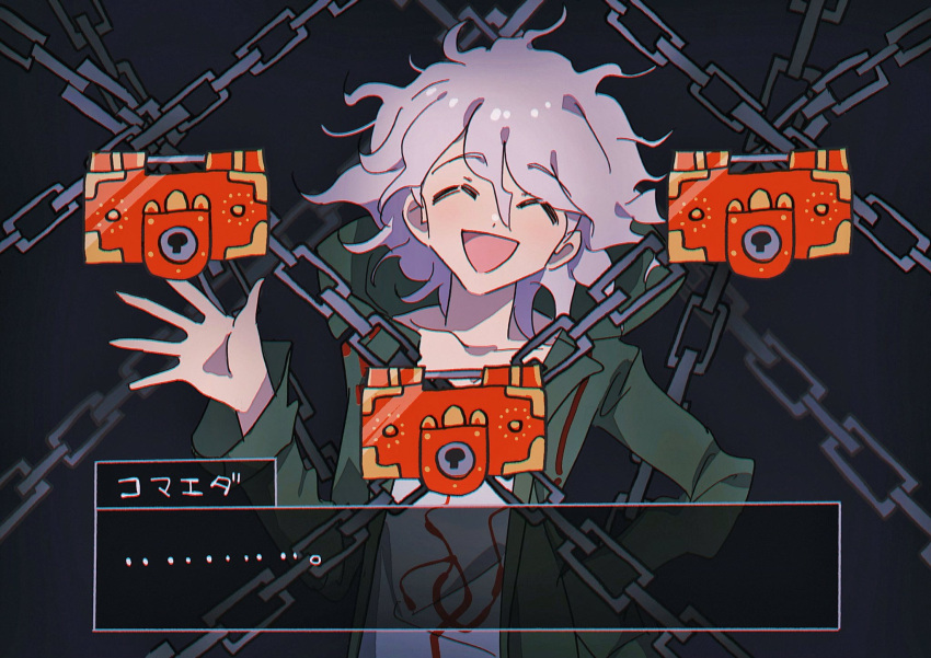 1boy ^_^ arm_up black_background blush chain closed_eyes commentary danganronpa_(series) danganronpa_2:_goodbye_despair dot_nose eyebrows_visible_through_hair green_jacket grey_hair grgrton gyakuten_saiban head_tilt highres jacket komaeda_nagito lock male_focus open_mouth psyche-lock shirt short_hair simple_background smile solo translated upper_body waving white_shirt