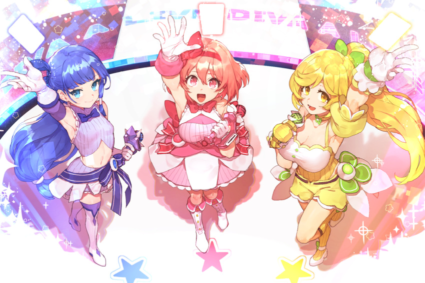 3girls armpits asu_hirana blonde_hair blue_eyes blue_hair boots breasts cleavage detached_sleeves gloves hair_ribbon hitoto idol microphone midriff multiple_girls navel onko_akino pink_eyes ribbon sakigake_rei wixoss wixoss_diva(a)live yellow_eyes