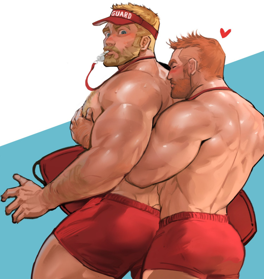 2boys ass bara bare_pecs beard blonde_hair blush body_hair carrying_under_arm chest_hair facial_hair grabbing highres hug hug_from_behind jang_ju_hyeon lifeguard male_focus male_swimwear multiple_boys muscular muscular_male orange_hair original pectoral_grab pectorals short_hair surfboard surprised swim_trunks swimwear thick_thighs thighs whistle whistle_around_neck wide-eyed yaoi