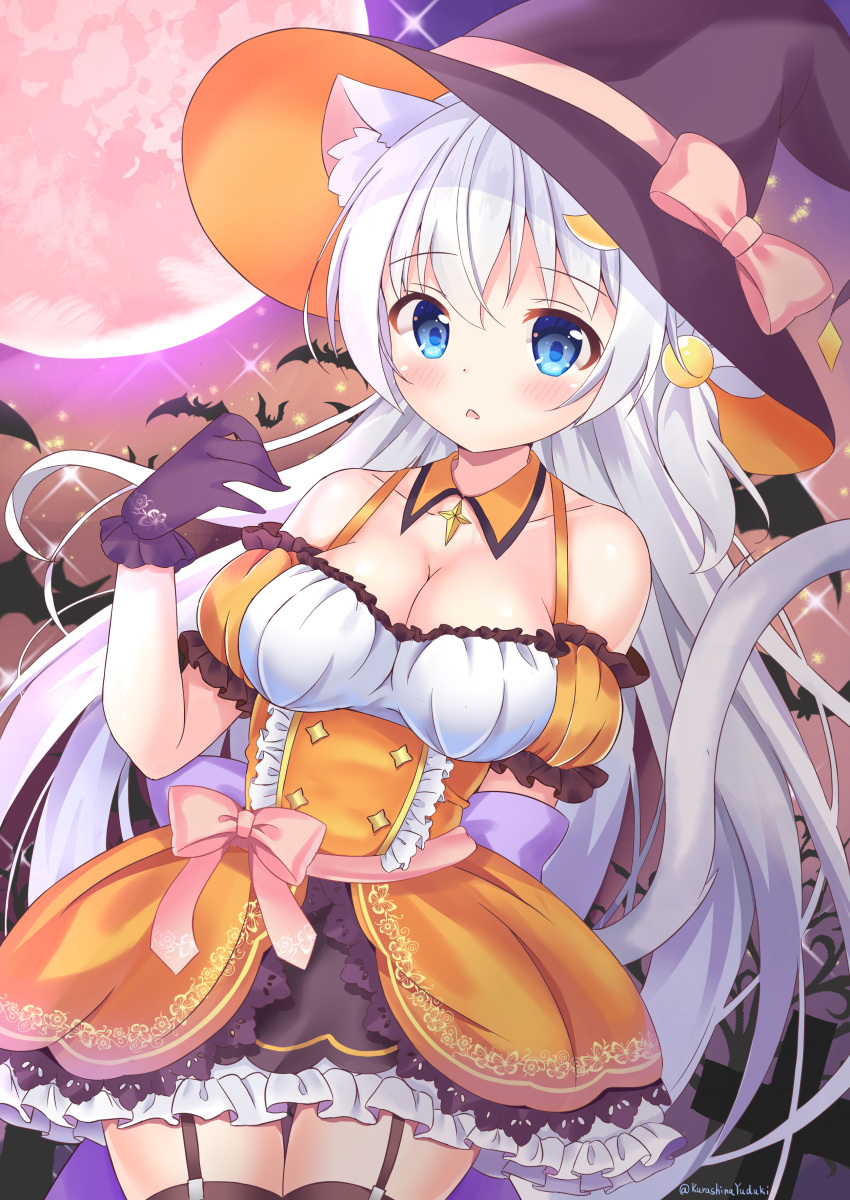 1girl :o absurdres animal_ear_fluff animal_ears bat blue_eyes blush bow breasts cat_ears cat_tail cleavage dress eyebrows_visible_through_hair frills garter_straps gloves hair_between_eyes hair_ornament halloween hand_up hat hat_bow highres jewelry kurashina_yuzuki large_breasts long_hair looking_at_viewer moon necklace open_mouth orange_dress original pink_bow solo tail thighhighs white_hair white_tail witch witch_hat