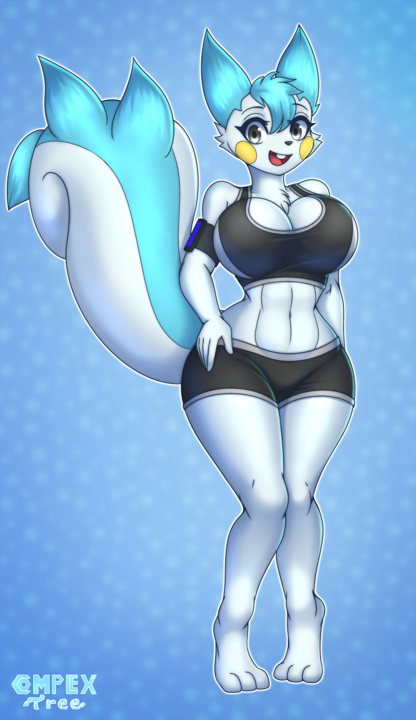 3_toes 5_fingers anthro anthroified armband blue_body blue_fur bottomwear bra breasts clothed clothing complextree eyebrows eyelashes feet female fingers fur grey_eyes hand_on_hip hi_res looking_at_viewer nintendo open_mouth pachirisu pok&eacute;mon pok&eacute;mon_(species) simple_background smile smiling_at_viewer solo sports_bra sportswear toes underwear video_games