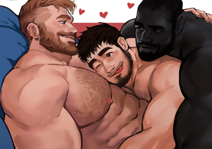 3boys :q abs bara beard blue_eyes blush body_hair boy_sandwich brown_hair chest_hair completely_nude dark_skin face_to_pecs facial_hair hairy head_on_chest jang_ju_hyeon light_brown_hair lying male_focus multiple_boys muscular muscular_male nipples nude on_back on_bed on_person original pectoral_pillow pectorals sandwiched short_hair thick_eyebrows tongue tongue_out undercut very_dark_skin yaoi