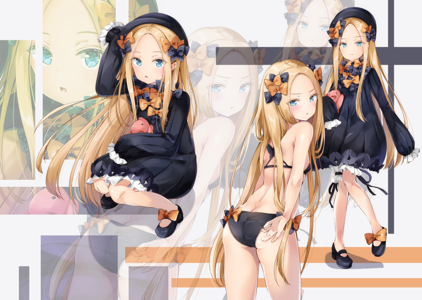 1girl :t abigail_williams_(fate/grand_order) absurdres adjusting_clothes adjusting_panties ass bangs black_bow black_dress black_footwear black_headwear black_panties blonde_hair bloomers blue_eyes blush bow breasts bug butt_crack butterfly closed_mouth commentary_request dress fate/grand_order fate_(series) forehead frown hair_bow hat highres holding holding_stuffed_toy insect long_hair long_sleeves looking_at_viewer looking_back mary_janes multiple_views no_socks object_hug open_mouth orange_bow panties parted_bangs polka_dot polka_dot_bow shoes signature sleeves_past_fingers sleeves_past_wrists small_breasts squatting stuffed_animal stuffed_toy teddy_bear underwear very_long_hair white_bloomers yoshida_iyo