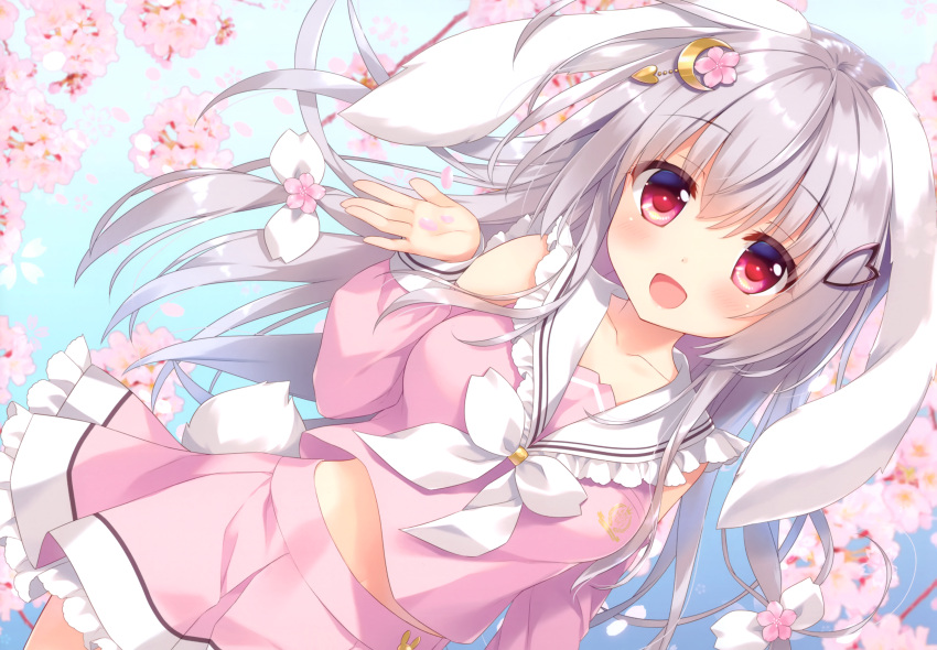 ameto_yuki animal_ears bunny_ears bunnygirl cherry_blossoms flowers gray_hair long_hair original red_eyes scan tail