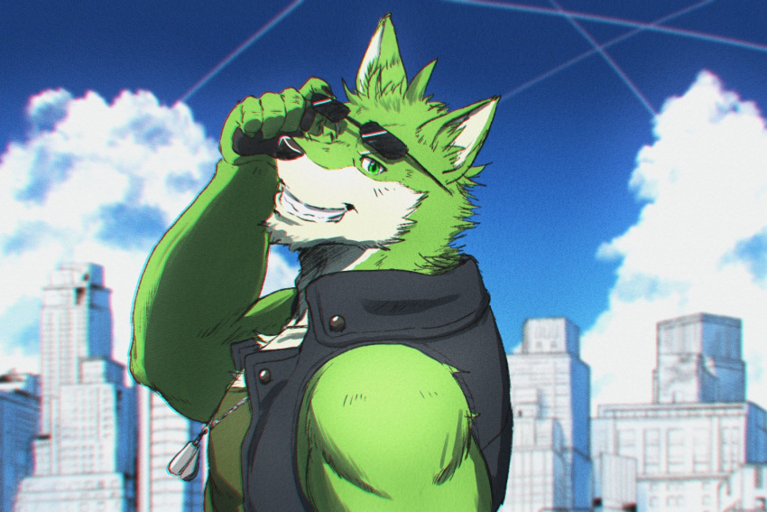 3:2 anthro canid canine canis city cityscape clothing detailed_background eyewear eyewear_on_head fur green_body green_fur grin live-a-hero male mammal one_eye_closed run_aki smile solo sunglasses sunglasses_on_head topwear vest wink wolf wolf_villain_(live-a-hero)