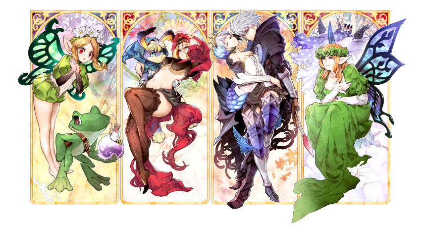 2boys 4girls armor armored_dress art_nouveau bare_legs bare_shoulders black_armor black_footwear black_skirt blonde_hair blue_eyes blue_wings boots braid brown_eyes brown_legwear butterfly_wings closed_eyes cornelius_(odin_sphere) crown dress elfaria_(odin_sphere) flower frog full_armor full_body furry greaves green_dress green_flower green_rose green_wings grey_hair gwendolyn_(odin_sphere) hair_flower hair_ornament highres holding holding_sword holding_weapon ingway_(odin_sphere) looking_at_another looking_at_viewer mercedes_(odin_sphere) messy_hair midriff multiple_boys multiple_girls navel odin_(odin_sphere) odin_sphere oswald_(odin_sphere) pointy_ears red_eyes red_skirt rose round-bottom_flask shoes short_hair skirt sword thigh_boots thighhighs tomoyuki_hino twin_braids velvet_(odin_sphere) weapon white_footwear wings