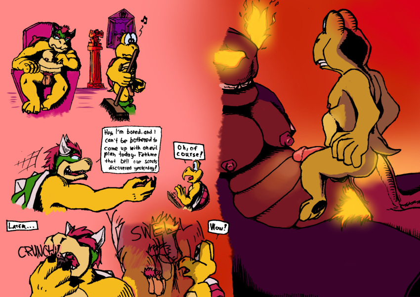 abdominal_bulge absurd_res anthro balls bowser breath_powers broom casual_nudity cleaning_tool comic dialogue duo eating elemental_manipulation english_text erection fire fire_breathing fire_manipulation flaccid fury_bowser genitals glowing glowing_genitalia glowing_hair glowing_penis growth hair hi_res jerrydamato koopa koopa_troopa male male/male male_penetrated male_penetrating male_penetrating_male mario_bros musical_note nintendo nipples penetration penis penis_shaped_bulge pubes red_hair ridiculous_fit scalie simple_background size_difference sound_effects text thinking video_games yellow_body