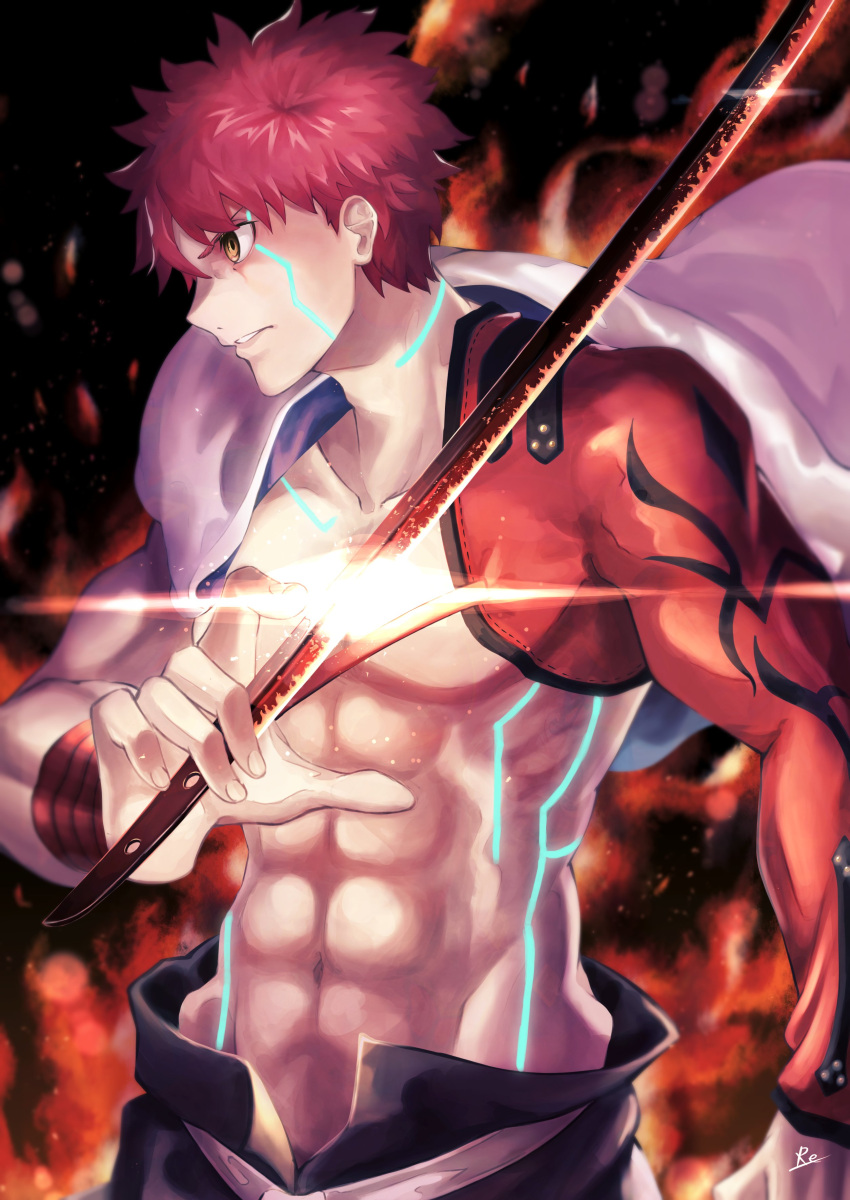 1boy abs absurdres emiya_shirou fate/grand_order fate_(series) glint highres igote katana limited/zero_over looking_to_the_side male_focus orange_eyes red_hair repurika sengo_muramasa_(fate) shirtless signature solo sword toned toned_male upper_body weapon wristband