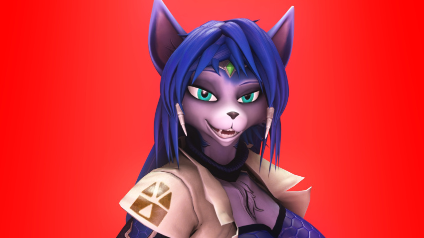 16:9 3d_(artwork) anthro blue_body blue_fur blue_hair canid canine digital_media_(artwork) dreamworks_face dreamworks_smirk eyebrows female fox fur grubhub hair hi_res krystal looking_at_viewer mammal meme nintendo raised_eyebrow red_background sanguine_paladin simple_background solo source_filmmaker star_fox video_games widescreen