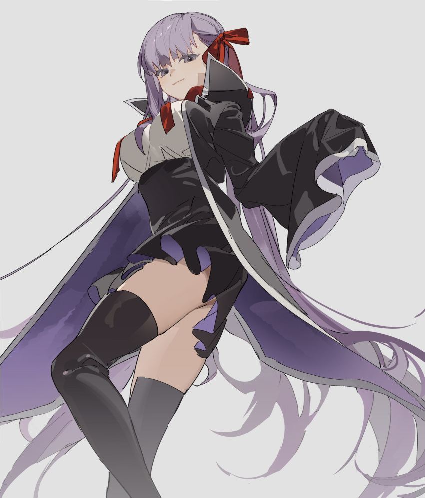 1girl absurdres bangs bb_(fate)_(all) bb_(fate/extra_ccc) black_coat black_legwear black_skirt breasts closed_mouth coat collar fate/extra fate/extra_ccc fate_(series) from_below from_side grey_background hair_ribbon highres long_hair long_sleeves looking_at_viewer open_clothes purple_eyes purple_hair red_ribbon ribbon simple_background skirt sleeves_past_fingers sleeves_past_wrists smile solo standing thighhighs very_long_hair wide_sleeves zettai_ryouiki zhibuji_loom