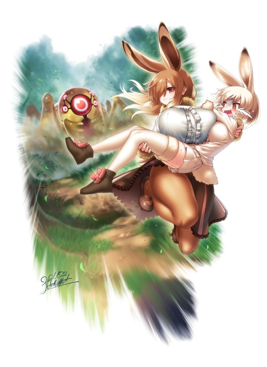 2girls :3 animal_ears black_footwear blonde_hair blush boot_bow boots bow bow_footwear breast_press breasts brown_hair brown_legwear bunny_ears bunny_tail carrying cellien_(kemono_friends) center_frills chasing closed_mouth commentary crying crying_with_eyes_open dated day european_hare_(kemono_friends) extra_ears fleeing frills full_body fur-trimmed_legwear fur-trimmed_sleeves fur_collar fur_trim gigantic_breasts gloom_(expression) gradient_hair grass hair_over_one_eye highres impossible_clothes kemono_friends long_hair looking_at_another mary_janes monster mountain_hare_(kemono_friends) multicolored_hair multiple_girls one-eyed open_mouth outdoors pantyhose pink_bow princess_carry rabbit_girl red_eyes running scared shoes short_hair signature skirt smile speed_lines streaming_tears sweat sweating_profusely tail tears thighhighs tree turn_pale white_hair white_legwear white_skirt yoshida_hideyuki zettai_ryouiki