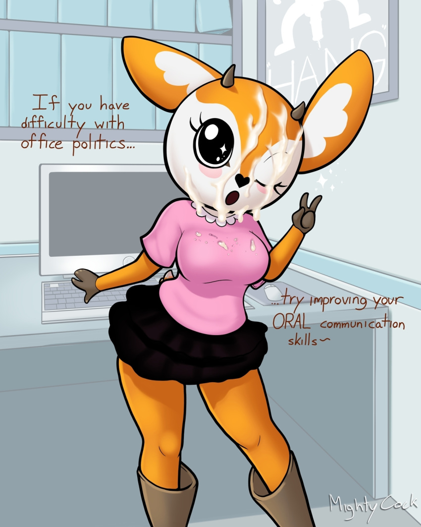 &lt;3 2020 4:5 4_fingers aggressive_retsuko antelope anthro black_nose blouse blush bodily_fluids boots bottomwear bovid breasts clothing computer cum cum_on_eye cum_on_face dialogue english_text female fingers footwear fur gazelle genital_fluids gesture heart_nose hi_res horn keyboard looking_at_viewer mammal mightycock_(artist) office one_eye_closed open_mouth orange_body orange_fur sanrio signature skirt solo talking_to_viewer text thomson's_gazelle topwear true_antelope tsunoda v_sign white_body white_fur