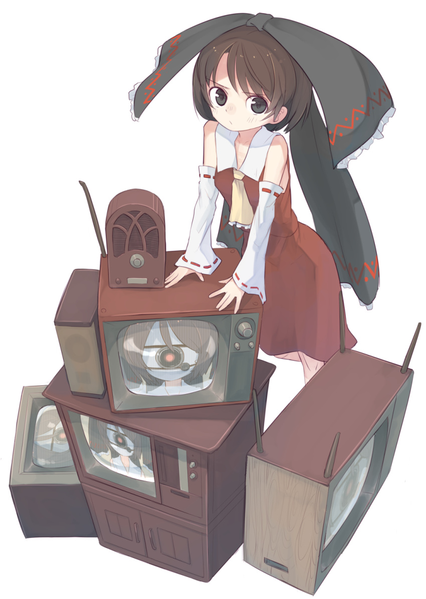 1girl android bangs black_bow black_eyes blush bow brown_hair closed_mouth commentary cookie_(touhou) detached_sleeves dress eyebrows_visible_through_hair frilled_bow frills full_body glowing glowing_eye hair_bow hakurei_reimu highres large_bow looking_at_viewer miyako_(naotsugu) mochiya_(cookie) necktie radio red_dress ribbon-trimmed_sleeves ribbon_trim short_hair simple_background sleeveless sleeveless_dress solo standing television touhou white_background white_sleeves yellow_neckwear