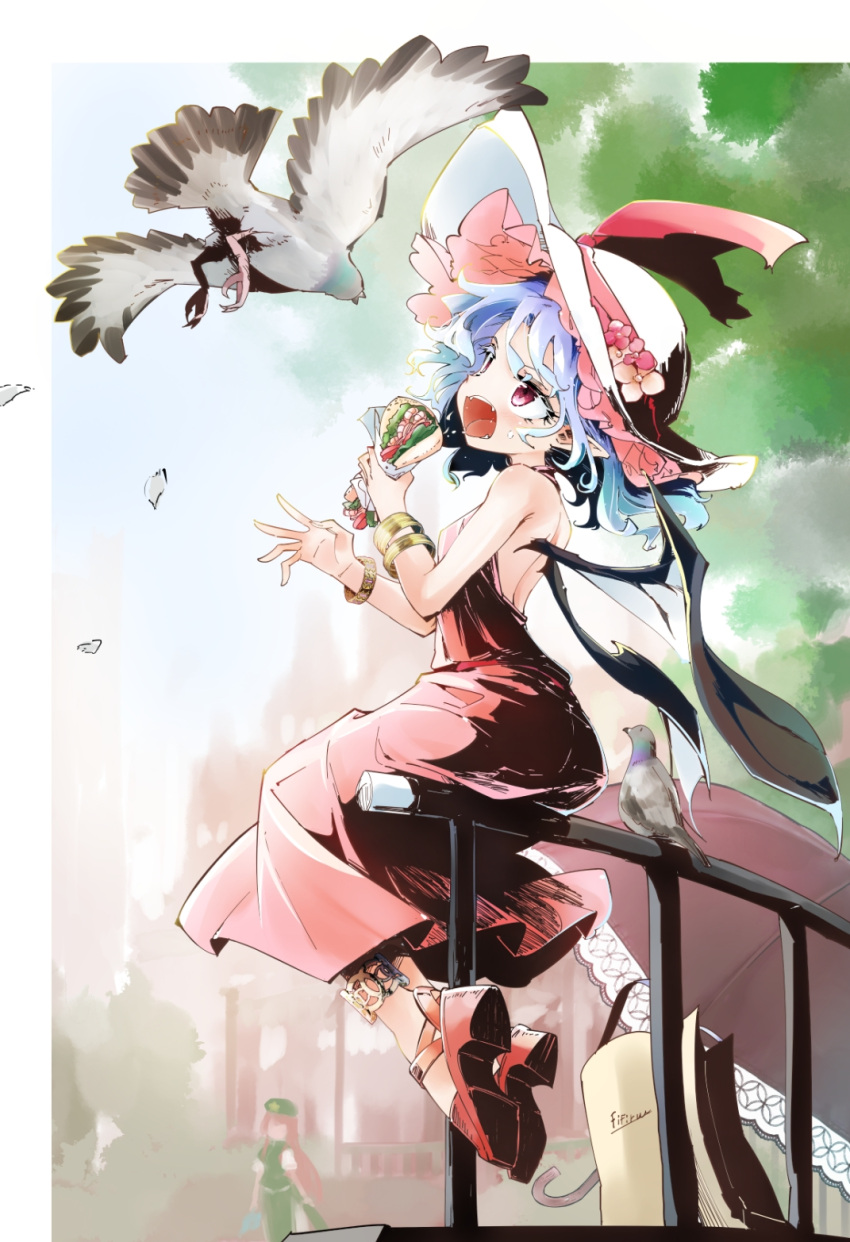 2girls bat_wings bird blue_hair bracelet dress fang fifiruu flower food hat hat_flower hat_ribbon high_heels highres hong_meiling jewelry multiple_girls pink_dress red_eyes red_hair remilia_scarlet ribbon sandwich short_hair sleeveless touhou wings