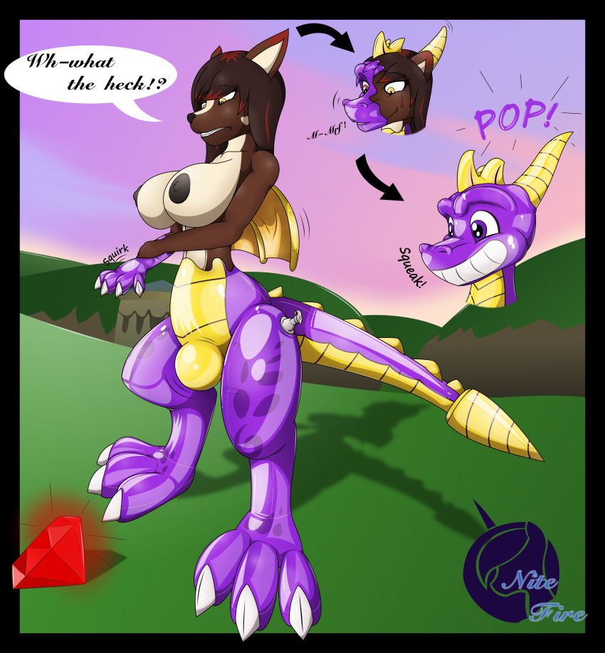 absurd_res activision animate_inanimate anthro balloon_transformation big_breasts breasts bulge female gender_transformation grin hi_res inflatable nitefire null_bulge rubber sammy simple_background smile solo species_transformation spyro_the_dragon story story_in_description transformation video_games