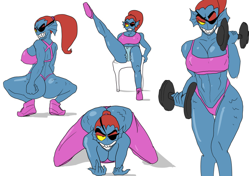 abs absurd_res animal_humanoid breasts butt clothed clothing exercise female fish fish_humanoid hi_res humanoid looking_at_viewer looking_back marine marine_humanoid putricia raised_leg solo spread_legs spreading undertale undyne video_games workout