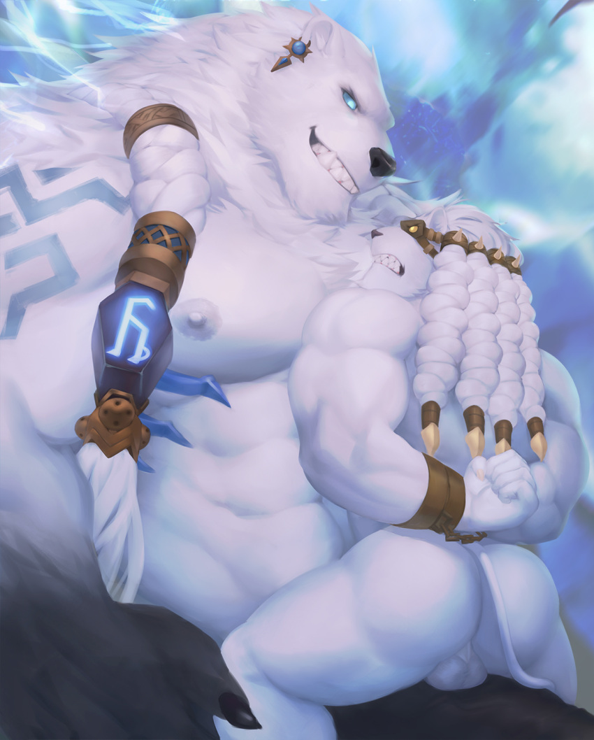 2021 abs anthro back_muscles backsack balls biceps blue_eyes bound bozi braided_hair butt claws duo ear_piercing ear_ring eye_contact eye_patch eyewear fangs felid finger_claws fur genitals glowing glowing_eyes grin hair half-erect hands_behind_back hi_res league_of_legends lion looking_at_another male male/male mammal muscular muscular_anthro muscular_male neck_tuft nipples nude on_penis open_mouth pantherine pecs penis perineum piercing polar_bear quads rengar_(lol) riot_games shackles sharp_teeth sitting size_difference smile teeth triceps tuft ursid ursine vein veiny_penis video_games volibear white_body white_fur white_hair