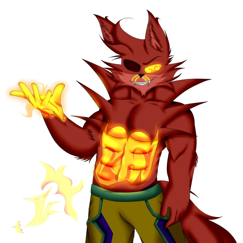 1:1 abs alpha_channel animal_humanoid anthro canid canid_humanoid canine canine_humanoid clothed clothing fire fire_eyes fire_hand fluffy fluffy_ears fluffy_tail fox fox_humanoid fur grim_foxy_(fnaf) grin hair hi_res humanoid jflare205 male mammal mammal_humanoid muscular muscular_anthro muscular_male navel red_body red_fur red_hair smile solo standing topless topless_male