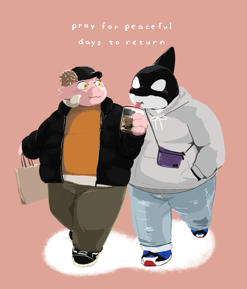 2021 anthro beverage black_body bonedra bottomwear bubble_tea cetacean clothing delphinoid duo english_text hi_res hoodie kemono male mammal marine oceanic_dolphin orca overweight overweight_male pants shirt simple_background text toothed_whale topwear white_body