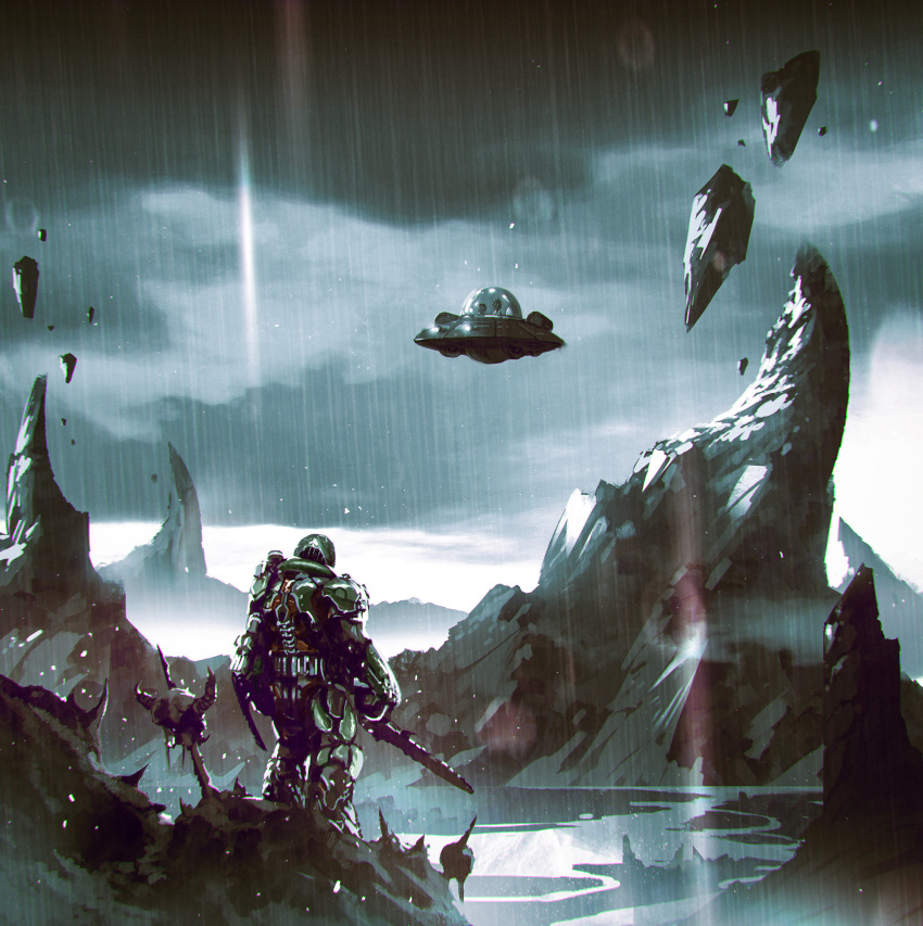 3boys absurdres armor chainsaw cloud cloudy_sky commentary doom_(series) doom_eternal doomguy embers english_commentary floating_rock from_behind full_armor helmet highres holding holding_weapon kalmahul morty_smith multiple_boys outdoors overcast power_armor praetor_suit rain rick_and_morty rick_sanchez rock science_fiction skull sky standing ufo weapon