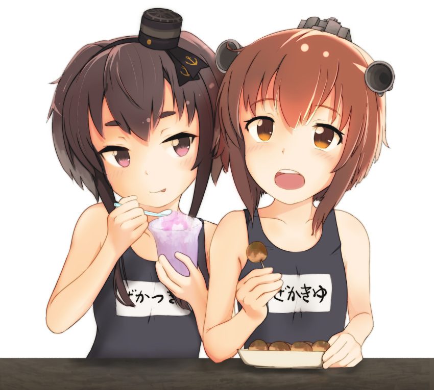 2girls :p anchor_symbol black_hair blue_swimsuit blush brown_eyes brown_hair clothes_writing collarbone commentary_request eating flat_chest food gradient_hair hairband hat headgear headset highres holding holding_food holding_spoon ice kantai_collection mini_hat multicolored_hair multiple_girls name_tag one-piece_swimsuit open_mouth purple_eyes school_swimsuit shaved_ice shiki_no_miko short_hair short_hair_with_long_locks speaking_tube_headset spoon swimsuit table takoyaki thick_eyebrows tokitsukaze_(kantai_collection) tongue tongue_out toothpick upper_body white_background yukikaze_(kantai_collection)