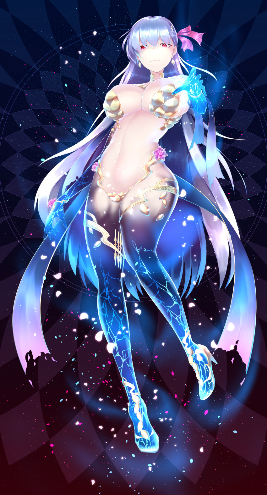 1girl 5masio absurdres armlet armor bangs bikini_armor blush breasts cleavage closed_mouth collar earrings fate/grand_order fate_(series) flower full_body hair_ribbon highres jewelry kama_(fate/grand_order) large_breasts legs long_hair looking_at_viewer lotus metal_collar navel outstretched_arm petals red_eyes ribbon silver_hair thighlet thighs