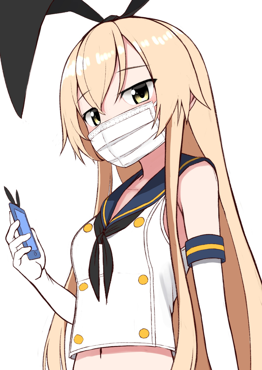 1girl absurdres black_hairband black_neckwear blonde_hair blue_sailor_collar cellphone commentary_request commission crop_top elbow_gloves gloves grey_eyes hairband highres kantai_collection long_hair mask mouth_mask navel neckerchief phone sailor_collar shimakaze_(kantai_collection) simple_background smartphone solo surgical_mask tiemu_(man190) upper_body white_background white_gloves