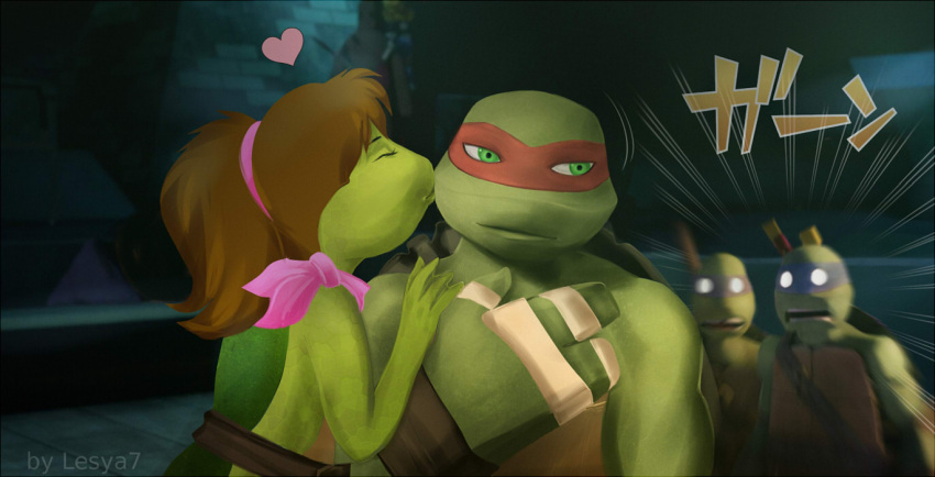 &lt;3 anthro bandanna brown_hair donatello_(tmnt) eyes_closed female green_eyes hair kerchief kissing kissing_cheek leonardo_(tmnt) lesya7 lizard male male/female mask mona_lisa_(tmnt) on_model ponytail raphael_(tmnt) reptile scalie smile teenage_mutant_ninja_turtles turtle