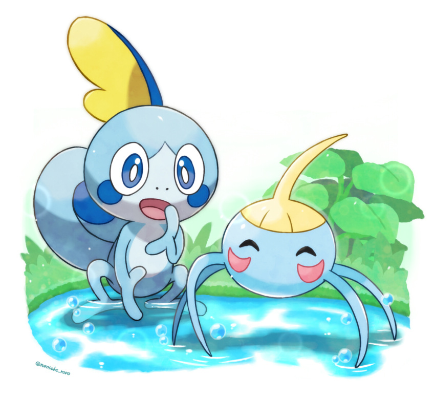 animal_focus artist_name blue_eyes blush_stickers bubble commentary_request full_body gen_3_pokemon gen_8_pokemon grass hand_up happy looking_at_another no_humans on_water open_mouth outline pokemon pokemon_(creature) rorosuke smile sobble squatting surskit twitter_username wading water