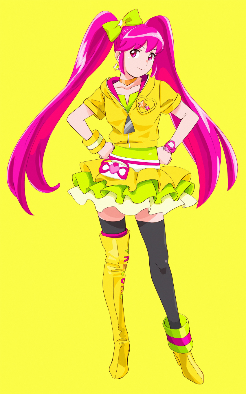 1girl absurdres aino_megumi alternate_form asymmetrical_footwear black_legwear boots bow collarbone cure_lovely earrings full_body green_bow hair_bow hands_on_hips happinesscharge_precure! highres hood hood_down hooded_jacket jacket jewelry lollipop_hip_hop long_hair looking_at_viewer magical_girl mismatched_footwear ojipon pink_eyes pink_hair precure short_sleeves simple_background single_boot single_thigh_boot skirt smile solo star_(symbol) star_earrings thighhighs twintails yellow_background yellow_footwear yellow_jacket yellow_skirt
