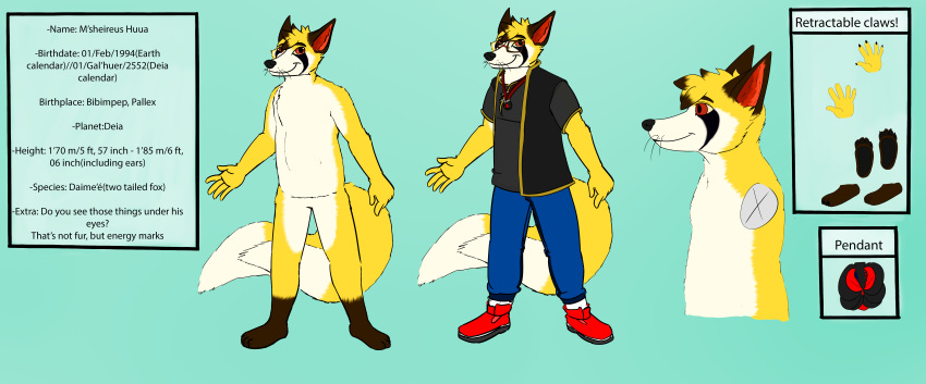 2_tails 4_toes 5_fingers absurd_res brown_body brown_fur canid canine clothing daimee english_text eyewear feet fingers fox fur glasses hi_res huua kuramafurrypaw m'sheireus male mammal maximirusupauaa model_sheet msheireus_huua msheireushuua multi_tail pawpads pendant red_eyes retractable_claws solo text toes whiskers yellow_body yellow_fur yellow_sclera
