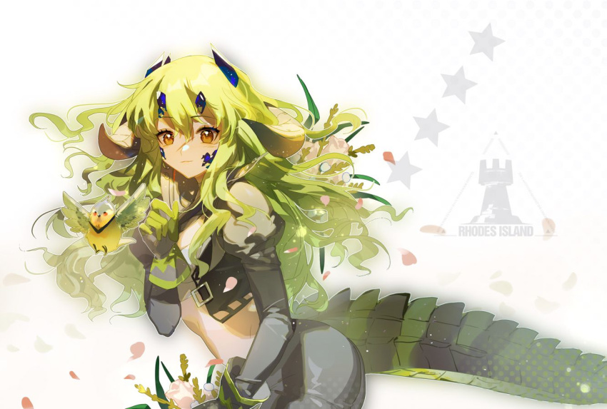 1girl animal arknights bird brown_eyes chinese_commentary cowboy_shot crocodilian_tail cropped_jacket estelle_(arknights) flower gloves green_hair horns long_hair looking_at_viewer midriff oripathy_lesion_(arknights) rhodes_island_logo scar scar_on_face scar_on_nose solo tokio
