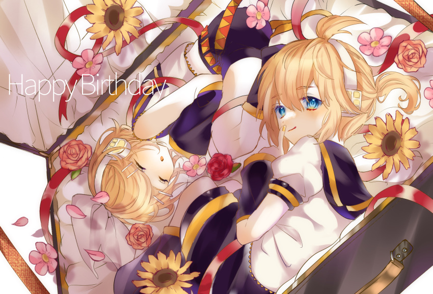 1boy 1girl arm_warmers bangs bare_shoulders black_collar black_shorts blonde_hair blue_eyes bow casket closed_eyes collar commentary crop_top fetal_position finger_to_mouth flower hair_bow hair_ornament hairclip happy_birthday headphones highres index_finger_raised kagamine_len kagamine_rin leg_warmers looking_at_viewer mobumobu0817 nail_polish open_mouth petals pink_flower red_flower rose sailor_collar school_uniform shirt short_hair short_ponytail short_shorts short_sleeves shorts shushing sleeping sleeveless sleeveless_shirt spiked_hair sunflower swept_bangs vocaloid white_bow white_shirt yellow_nails