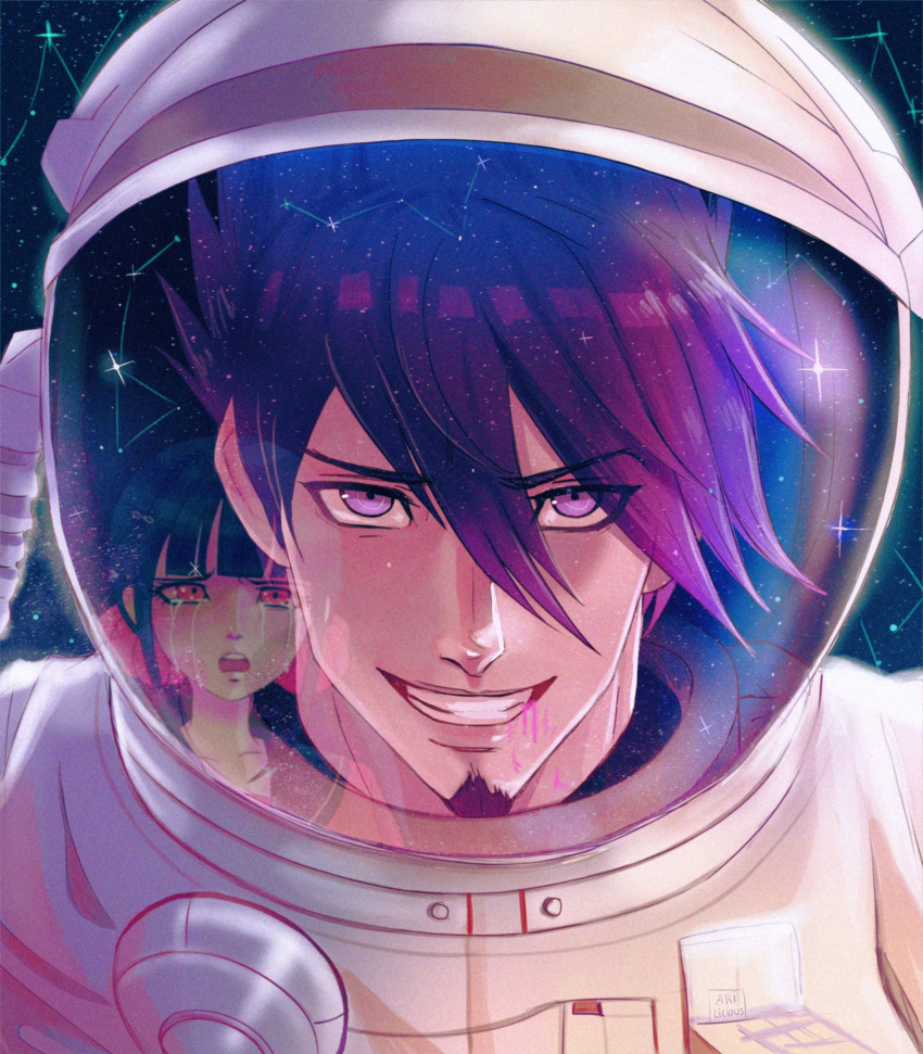 1boy 1girl alternate_costume astronaut bangs collarbone commentary constellation crying crying_with_eyes_open danganronpa_(series) danganronpa_v3:_killing_harmony face facial_hair goatee grin hair_between_eyes hair_ornament hair_scrunchie hairclip harukawa_maki highres looking_at_another looking_at_viewer low_twintails male_focus missarilicious momota_kaito open_mouth pink_blood pink_eyes red_eyes red_scrunchie reflection scrunchie sky smile solo_focus space space_helmet star_(sky) starry_sky tears twintails upper_teeth