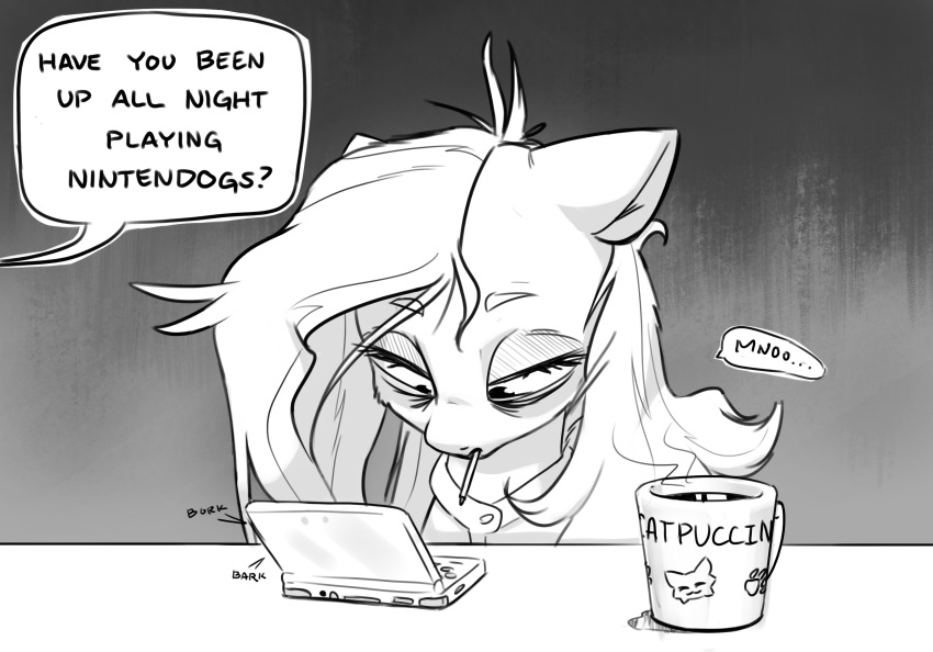 beverage bunchedupletters clothed clothing cup dialogue english_text equid equine female fluttershy_(mlp) friendship_is_magic hair hasbro hi_res mammal messy_hair monochrome my_little_pony nintendo nintendo_ds nintendo_ds_family text tired video_games