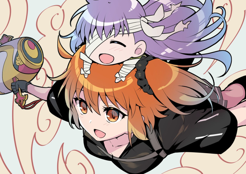 2girls :d ahoge bandage_over_one_eye bandaged_arm bandaged_head bandages black_gloves black_scrunchie eyebrows_visible_through_hair fate/grand_order fate_(series) fujimaru_ritsuka_(female) gloves hair_ornament hair_scrunchie kingprotea long_hair minigirl miracle_mallet multiple_girls on_head ono_misao open_mouth orange_eyes orange_hair polar_chaldea_uniform purple_hair scrunchie side_ponytail skirt smile