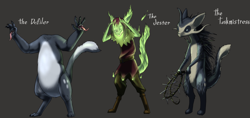ambiguous_gender anthro clothing colored_fire fire flaming_body flaming_tail fool's_hat gla'aki green_fire group hand_mouth hat headgear headless headwear hi_res jester lovecraft moki_(species) oniontrain ori_(series) ori_and_the_blind_forest ori_and_the_will_of_the_wisps overweight smile spikes spikes_(anatomy) tongue tongue_out tulzscha whip y'golonac