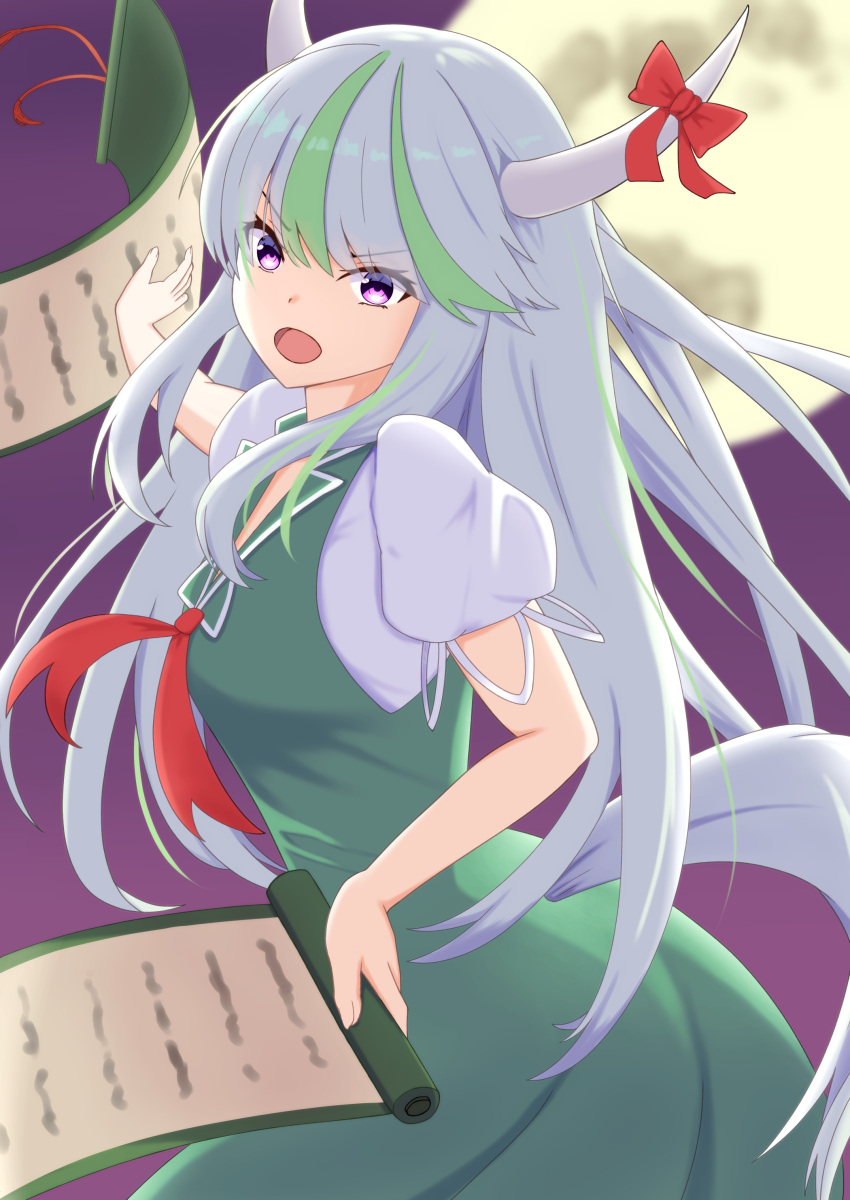 1girl :o absurdres blurry blurry_background bow breasts commentary_request dress ex-keine full_moon gradient gradient_background green_dress highres holding holding_scroll horn_ornament horn_ribbon horns kamishirasawa_keine long_hair looking_at_viewer medium_breasts moon multicolored_hair night night_sky o1118 puffy_short_sleeves puffy_sleeves purple_background purple_eyes red_bow red_neckwear red_ribbon ribbon scroll short_sleeves silver_hair sky solo streaked_hair tail touhou upper_body v-shaped_eyebrows very_long_hair