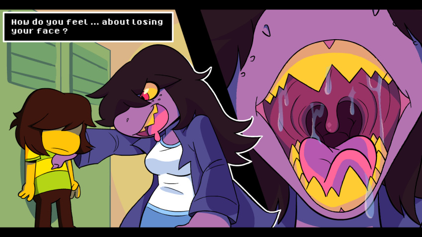 16:9 anthro bodily_fluids deltarune dialogue dialogue_box duo english_text female human kris_(deltarune) male male/female mammal mouth_shot open_mouth rookiex saliva susie_(deltarune) teeth text video_games widescreen