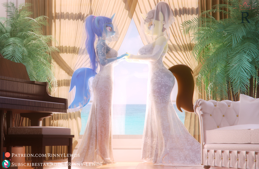 2021 3d_(artwork) anthro armwear beach blender_(software) breasts bride clothing daughter digital_media_(artwork) dress ear_piercing elbow_gloves equid equine eye_contact fan_character female footwear furniture gloves grand_piano hand_holding handwear hasbro hi_res high_heels horn incest_(lore) jewelry looking_at_another lovebrew_(oc) mammal mother mother_and_child mother_and_daughter my_little_pony necklace parent parent_and_child pearbottom_(oc) piercing rinny sea seaside shoes smile sofa unicorn veil water wedding wedding_dress window