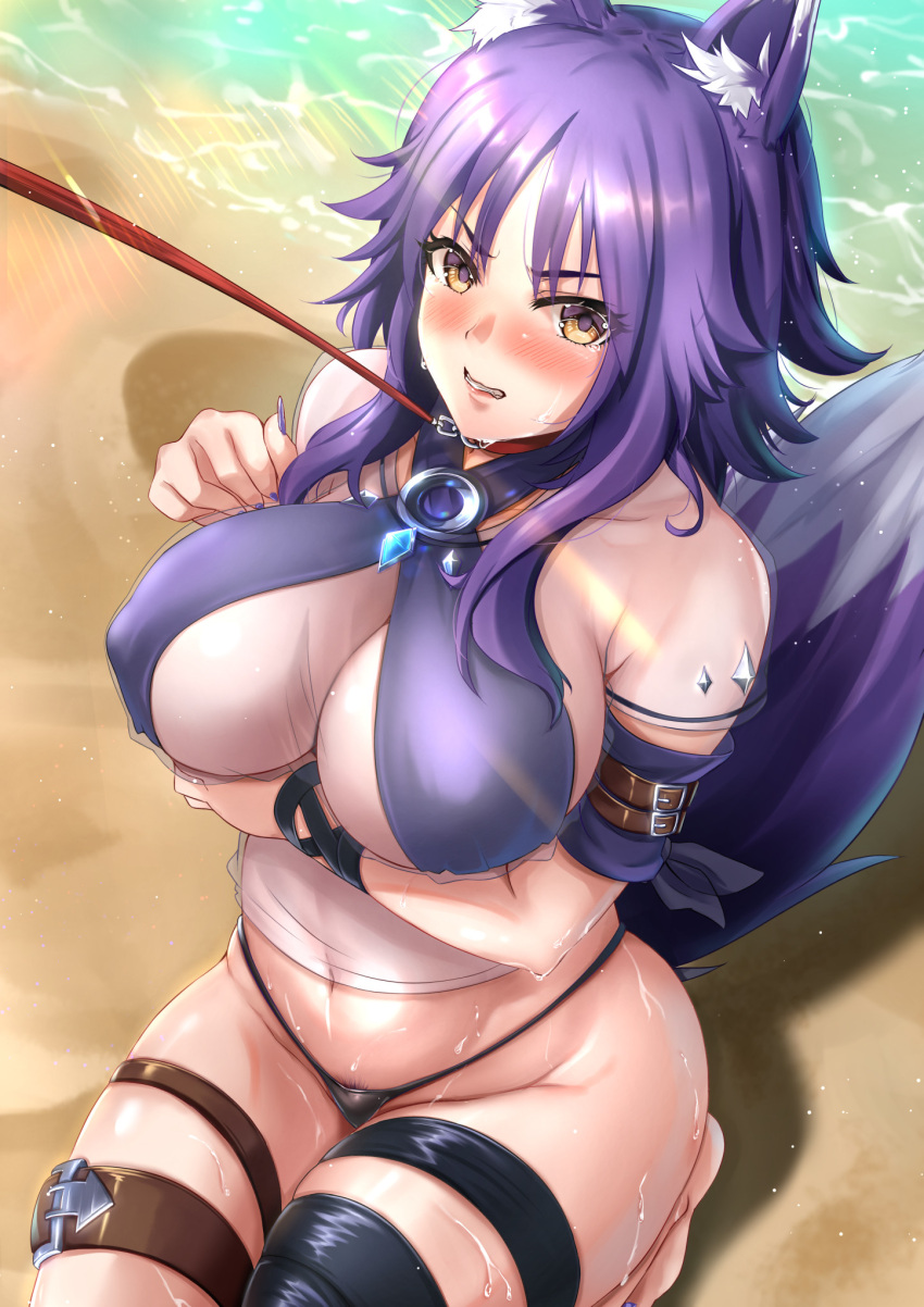 1girl animal_ear_fluff animal_ears arm_belt arm_strap arm_under_breasts bangs beach bikini black_bikini blush breasts cleavage collarbone commentary_request covered_nipples criss-cross_halter english_commentary eyebrows_visible_through_hair female_pubic_hair fingernails groin halterneck hand_up highres kneeling kuutamo large_breasts leash leash_pull leg_belt light_rays long_fingernails long_hair looking_at_viewer makoto_(princess_connect!) midriff mismatched_bikini mixed-language_commentary nail_polish navel nose_blush ocean parted_bangs princess_connect! princess_connect!_re:dive pubic_hair pubic_hair_peek purple_bikini purple_hair purple_nails scowl see-through shadow short_sleeves sidelocks solo sunbeam sunlight swimsuit tail tears teeth wet wolf_ears wolf_tail yellow_eyes