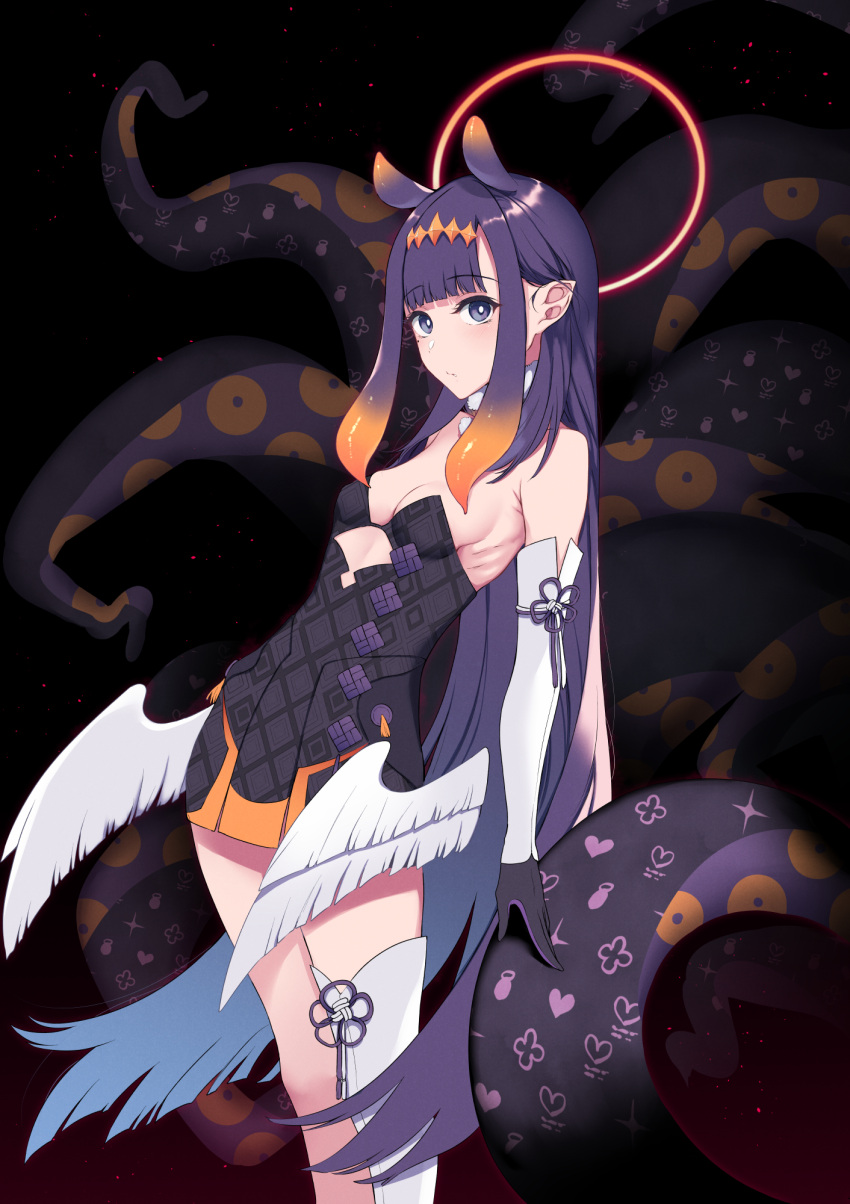1girl bangs bare_shoulders blunt_bangs dark_background elbow_gloves eyebrows_visible_through_hair flat_chest fur-trimmed_collar gloves halo highres hololive hololive_english long_hair looking_at_viewer ninomae_ina'nis pochi_(pochi-goya) pointy_ears purple_eyes purple_hair ribs single_thighhigh solo standing tentacle_hair tentacles thighhighs two-tone_gloves virtual_youtuber white_legwear white_wings wings