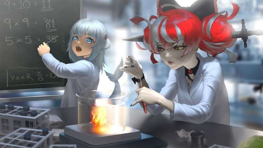 beaker black_bow blue_eyes blue_hair bow bunsen_burner chalkboard colored_skin double_bun gawr_gura grey_hair hair_bow heterochromia hololive hololive_english hololive_indonesia huge_bow infi kureiji_ollie labcoat long_hair math multicolored_hair multiple_girls open_mouth patchwork_skin pink_hair red_bow red_eyes red_hair science stitched_face stitches teeth test_tube virtual_youtuber yellow_eyes zombie