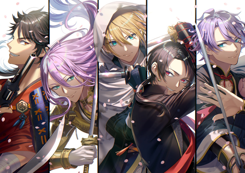 5boys absurdres aqua_eyes armor blonde_hair brown_hair gloves grin hachisuka_kotetsu highres hood japanese_armor japanese_clothes kasen_kanesada kashuu_kiyomitsu katana kote long_hair male_focus mole mole_under_mouth multiple_boys mutsu-no-kami_yoshiyuki noes petals ponytail purple_hair red_eyes red_scarf revolver scarf shoulder_armor smile sode split_screen sword touken_ranbu weapon white_gloves yamanbagiri_kunihiro yellow_eyes