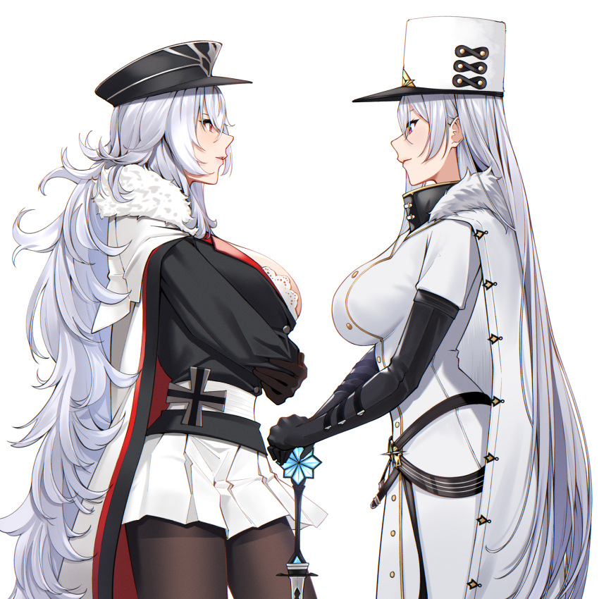 2girls absurdres azur_lane belt black_gloves black_headwear black_jacket bra bra_peek breast_hold breasts cape coat double-breasted elbow_gloves fur-trimmed_cape fur_trim gloves graf_zeppelin_(azur_lane) hair_between_eyes hand_on_cane hat highres iron_cross jacket large_breasts long_coat long_hair looking_at_another miniskirt multiple_girls pantyhose peaked_cap pleated_skirt red_cape red_eyes silver_hair skirt soruna_(nell) sovetskaya_rossiya_(azur_lane) two-tone_cape underwear very_long_hair white_belt white_bra white_cape white_coat white_headwear white_skirt