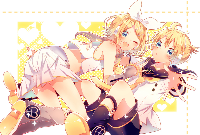 1boy 1girl all_fours arm_warmers bangs bare_shoulders black_collar black_shorts blonde_hair blue_eyes blush bow collar commentary crop_top grey_collar hair_bow hair_ornament hairclip hand_on_another's_back headphones heart heart_print kagamine_len kagamine_len_(vocaloid4) kagamine_rin kagamine_rin_(vocaloid4) leg_warmers looking_at_viewer miniskirt neckerchief necktie one_eye_closed open_mouth outstretched_arm razuko_(raspberry_aaa) reaching_out sailor_collar school_uniform shirt short_hair short_ponytail short_sleeves shorts sitting skirt sleeveless sleeveless_shirt smile sparkle spiked_hair swept_bangs v4x vocaloid white_bow white_shirt white_skirt yellow_neckwear