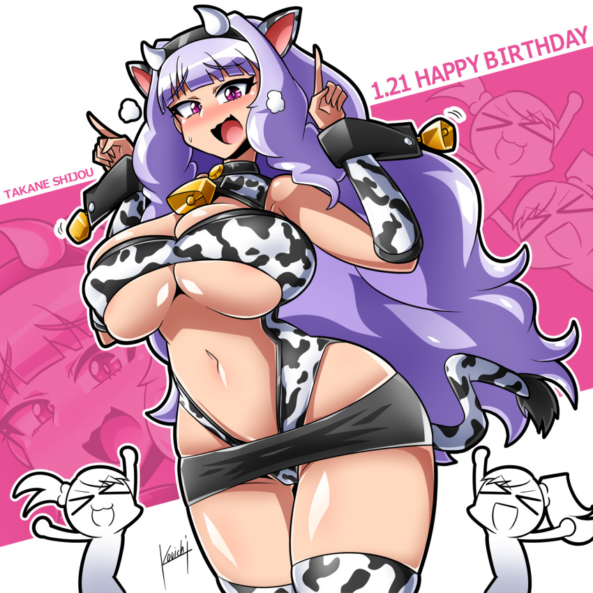 &gt;_&lt; 1girl animal_ears bangs black_hairband blunt_bangs blush breasts center_opening character_name cleavage cow_ears cow_girl cow_horns cow_tail dated detached_sleeves fake_horns futami_ami futami_mami hairband highres horns idolmaster idolmaster_(classic) kouichi_(kouichi-129) large_breasts leotard long_hair looking_down navel open_mouth pointing pointing_up purple_eyes shijou_takane silver_hair solo_focus tail thick_thighs thigh_gap thighhighs thighs underboob wrist_cuffs zoom_layer